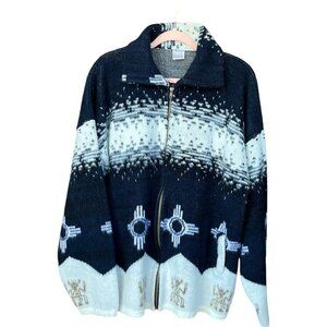 Yarina Womens Wool Jacket Sz XL Navy Blue White Aztec Cabincore Cowichan Tribal